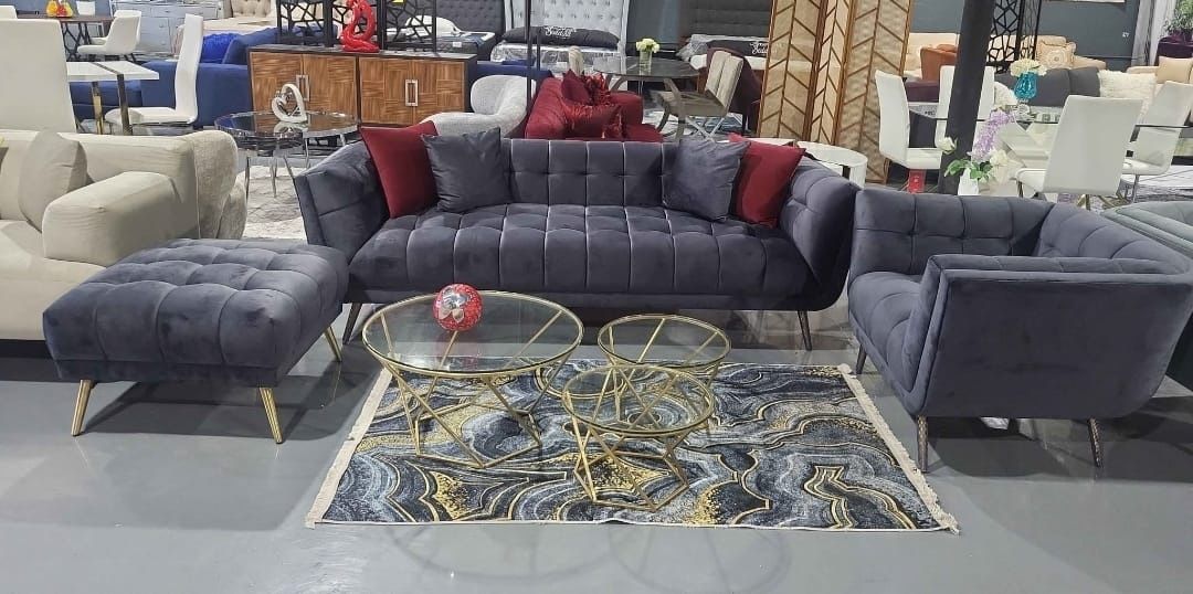 3 PIECE SOFA ARMCHAIR OTTOMAN CHARCOAL VELVET