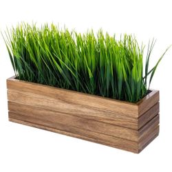 MyGift 14 Inch Artificial Green Grass Plant in Solid Acacia Wood Planter Window Box, Faux Greenery in Decorative Rectangular Crate Style Wooden Contai