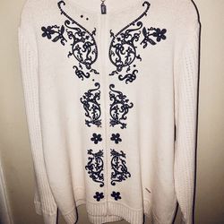 St. John Santana Knit Creamy White Cardigan With Zipper. Elegant, Dramatic Design. XL New 