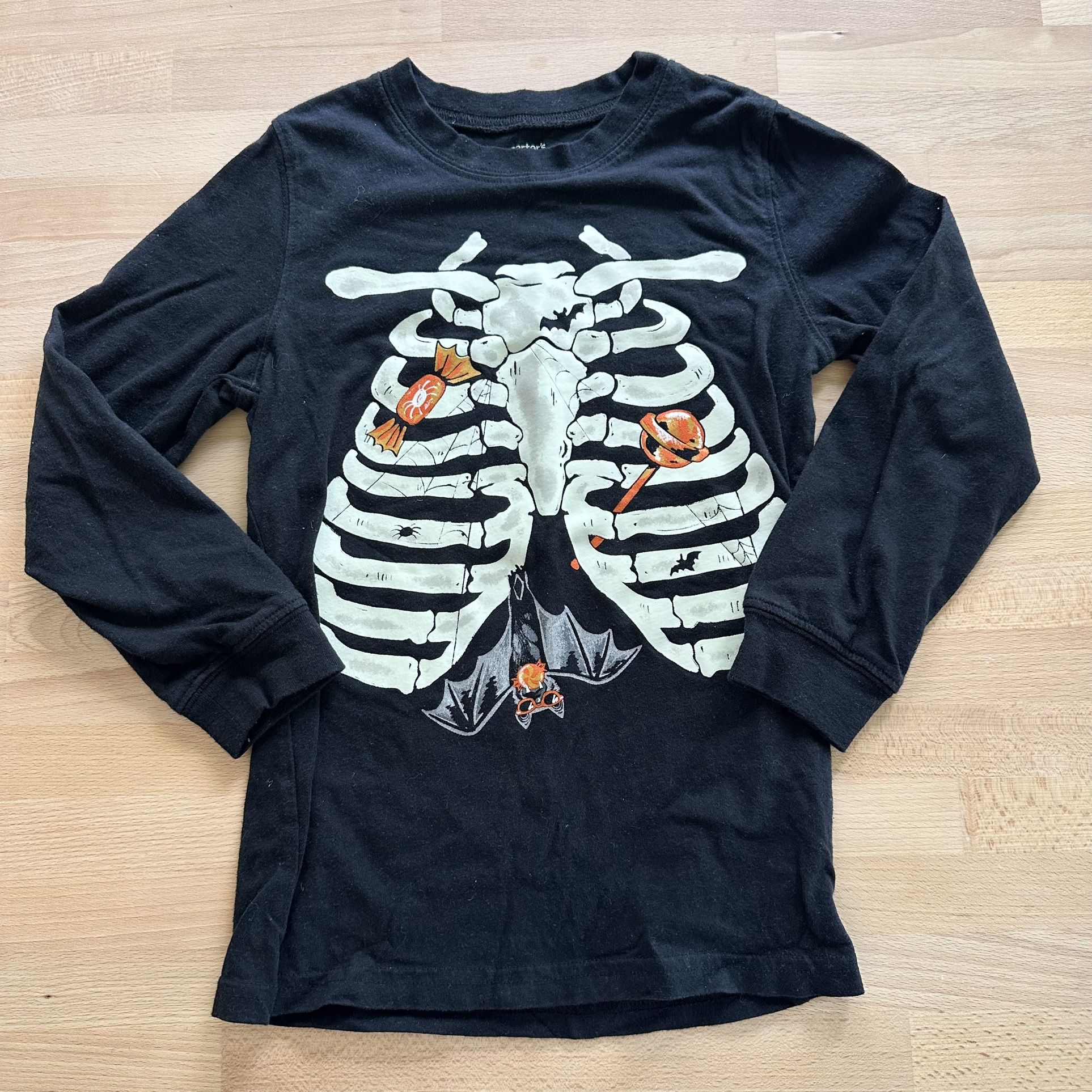 Boys Halloween Shirt Sz 8 Kids Holiday Skeleton Glow in the Dark Black