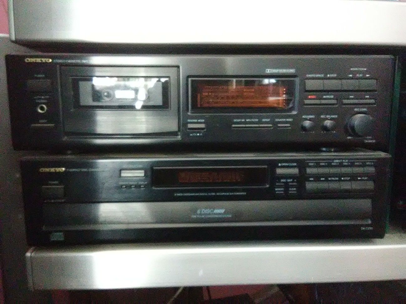 Onkyo cassette player and 5 disc DVD player with remote control