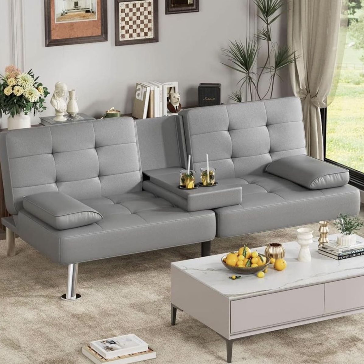 Grey color Faux Leather Upholstered Convertible Folding Futon Sofa Bed 2 Cupholders