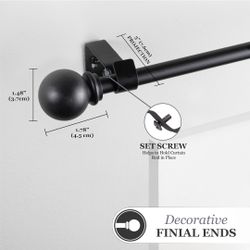 Kenney Chelsea Ball End Window Curtain Rod - Adjustable for Windows 48 to 86 Inches, Extendable Set, Black