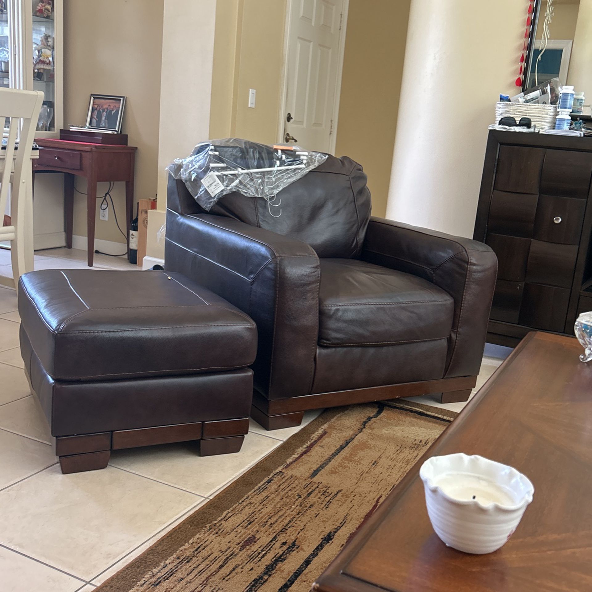 Oversized Brown leather Chair And Ottoman