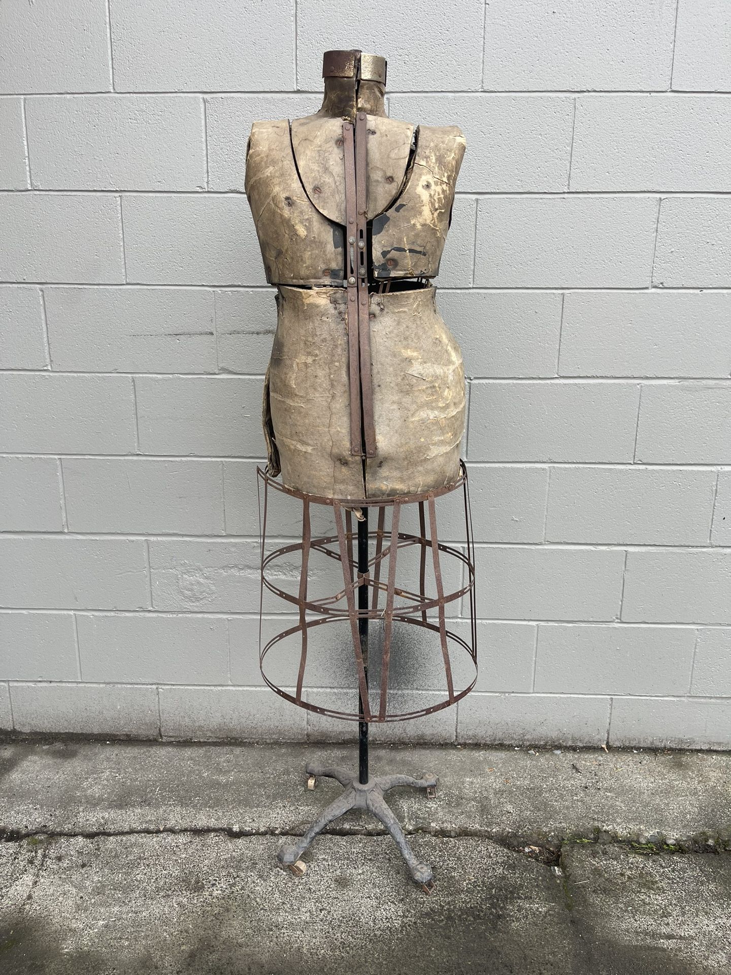 Antique Vintage Victorian Mannequin Dress Form Wire Skirt Cage Cast Iron Wheels