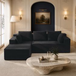 Black Corduroy Sectional Sofa with Ottoman