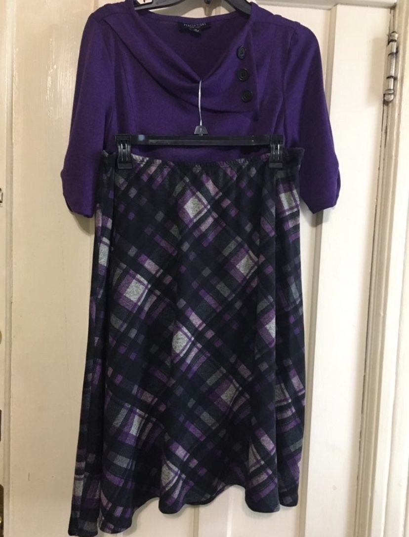Perceptions Women's plaid midi skirt and a purple cowl neck ruched top with a belt.