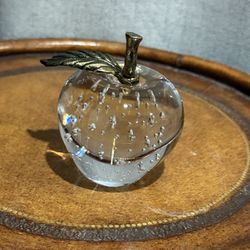 Vintage Glass Apple Paperweight Apple w/ Bubbles & Brass Stem