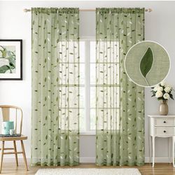 Faux Linen Embroidered Leaf Curtains, 52"x 84", Sage Green