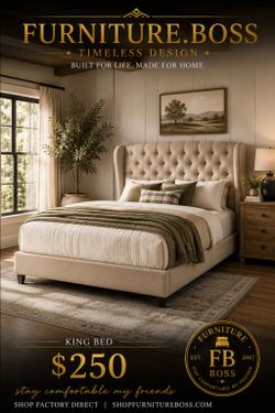 -Queen Bed | King Bed - Beige, Grey, Black fabric Bed with tufted Wingback headboard