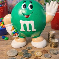 Vintage 1990s M&M’s Green  Porcelain Man Coin Bank, 9x7.5”