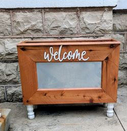 One of a kind "welcome" cedar and steel rustic planter
