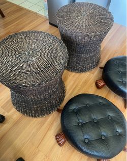 Unique Turtle Footstools + Woven Accent Tables Set | Boho Tropical Home Decor”