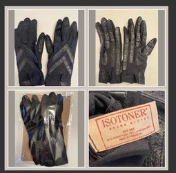 Vintage Original Isotoner Driving Gloves Nylon Leather Trim Black One Size