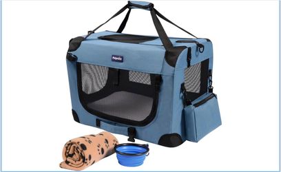 Portable Collapsible Dog Crate, 24" Soft Dog Crate for Car Travel Includes Mat, Blanket & Bowl, Strong Fabric, 4-sided Mesh Vents, 3 Doors, Fit Small 