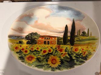 Large Oval Ceramic Platter Tuscany Sunflower Scene