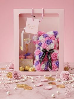 Preserved multi color bear and 24k rose