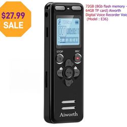 72GB (8Gb flash memory + 64GB TF card) Aiworth Digital Voice Recorder Voice Activated Recorder for Lectures Meetings (Model : E36)