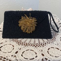 Black Beaded Clutch Wristlet With Gold Beaded Flower