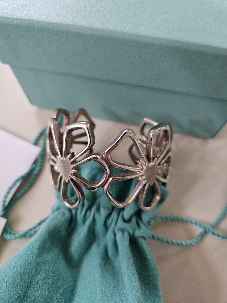Tiffany & Co. Authentic Rare 925 Silver Hibiscus Cuff Bracelet Pre-owned With Original Tiffany Box Pouch Bag Card