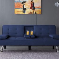 Brand New Double Sofa Bed with Cup holder 66” wide with Metal feet-Blue