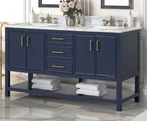 Brand New Blue 60'Inch Bathroom Vanity w Sink Marble Countertop