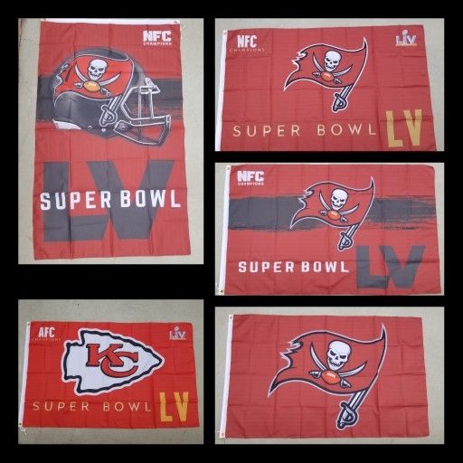 Super BOWL FLAGS, BUCCANEERS, CHIEFS, RAMS, RAIDERS, Chargers, Patriots, Cowboys