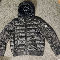 DKNY Logo Lined Men's L Black High Shine Down Hooded Puffer Bomber Jacket Water Resistant