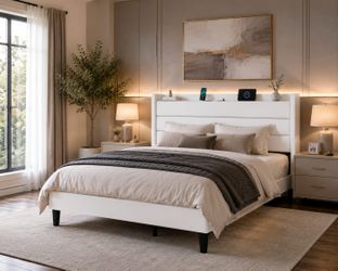 King Bed Frame with Charging Station, Velvet Upholstered Platform Bed, Wingback Storage Headboard, Type-C & USB Ports, Strong Wooden Slats, No Box Spr