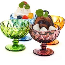 TIMEFOTO Ice Cream Glass Bowls Set of 4 Colored Dessert Bowls 7.5 Oz Vintage Diamond Glass with Footed Sundae Snack Cups for Farmhouse Holiday Party
