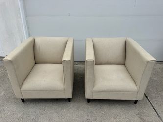 Vintage CB2 Pair of Beige Fabric Club Chairs