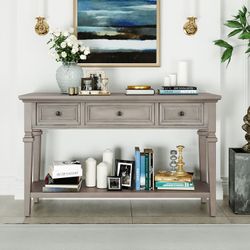 NEW 50 in. Gray Wash Rectangle MDF Console Table, Entryway Table with 3-Drawers and Storage Bottom Shelf