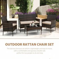 4PCS Patio Furniture Set Cushioned Chair Wooden Tabletop Gray