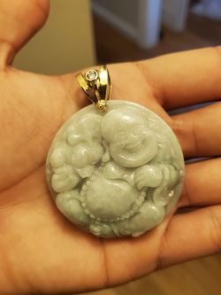 REAL JADE BUHDA PENDANT. 10K SOLID BAIL