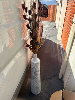 Tall White Textured Floor Vase with Dried Stems