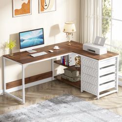 Tribesigns L Shaped Computer Desk with Storage Drawers, 59 inch Corner Desk with Shelves, Reversible L-Shaped Office Desk Study Writing Table Workstat