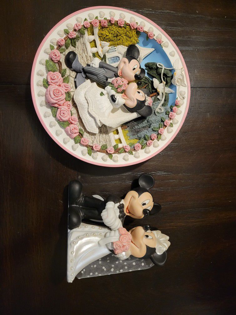 Mickey And Minnie Wedding Cake Topper And Collectors Plate