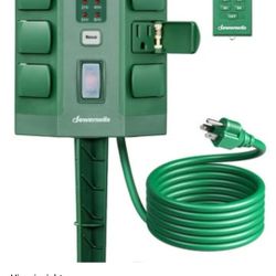 Outdoor Power Stake Timer with Photocell Sensor, 6FT Extension Cord & 6 Grounded Outlets, Waterproof Outdoor Timer, Photocell Stake Timer for Hallowee