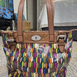 Fossil Key-Per Shoulder Tote Purse ZB5126 Cow Hide Trim Colorful Feather Design