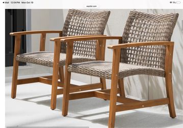 Outdoor Wood and Wicker Lounge Chairs Set of 2
