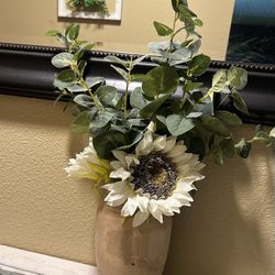 Wooden Vase with Artificial Sunflowers and Eucalyptus. Read description