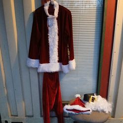 Santa Suit, Top, Bottom, Beard, Belt, Hat, Gloves And Boot Cuffs, Excellent Condition 