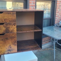 Wood Finish Storage Cabinet with 3 Drawers and Open Shelves