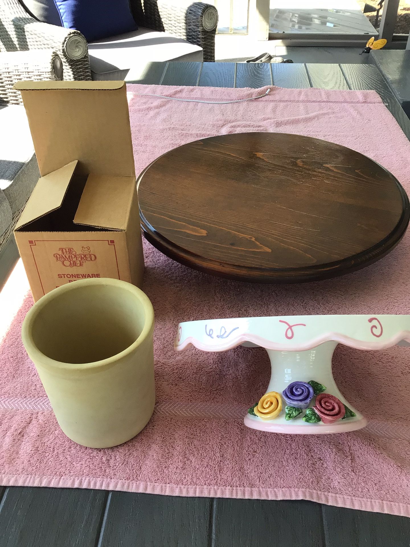 Vintage Pampered Chef Baking Crock, Handmade Lazy-Susan, Avon Celebration Pedestal Cake Plate