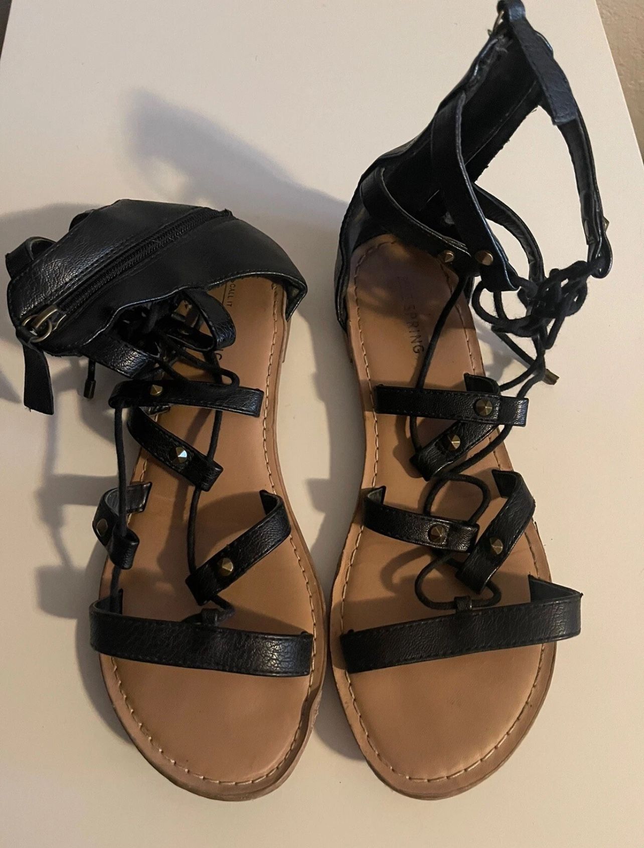 Call It Spring, Women’s Black Ankle Strap Zipper Closure Flat Sandals, Size 7