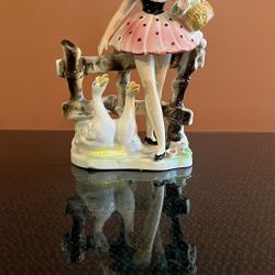 Vintage RELCO Blonde Girl Pink Polka Dot Dress W/Basket & Geese Ceramic Figurine