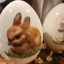 Goebel Egg with Bunny, Gold stand attached, 1980, Goebel West Germany, Porcelain Egg, Bunny Design

