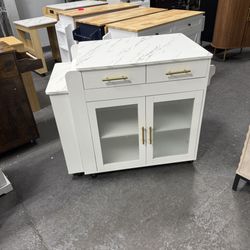 HLR 72" Kitchen Island with Extendable Dining Table, Marble Grain Top Kitchen Islands with Power Outlet, Rolling Kitchen Table on Wheels with Storage 