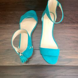 Teal Suede Low Heel Sandals 