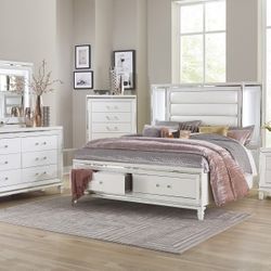 Queen LED STORAGE 4pc Bedroom Set  WHITE 